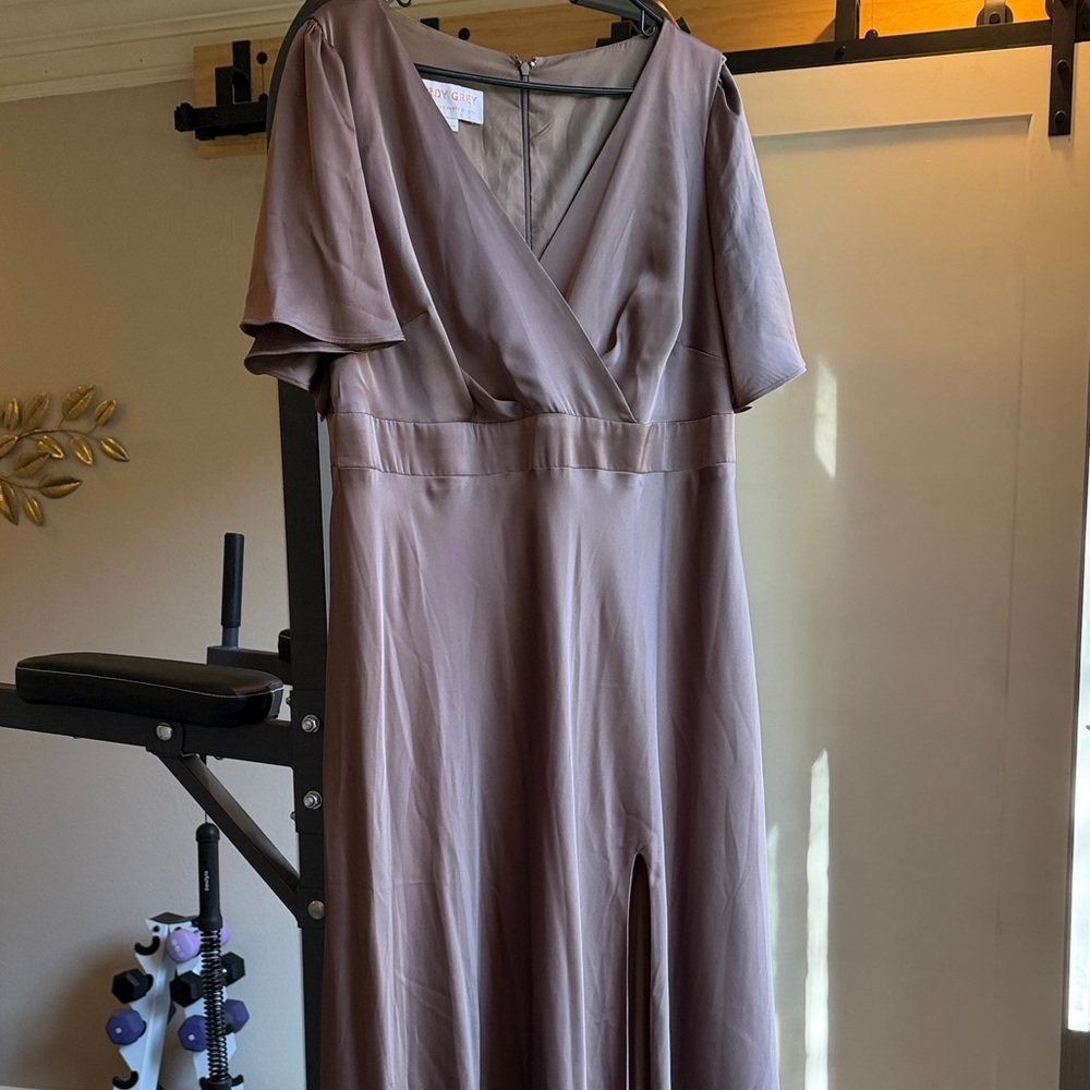 Birdy Grey Long Satin Mocha V-Neck Dress with Front Slit | OBO